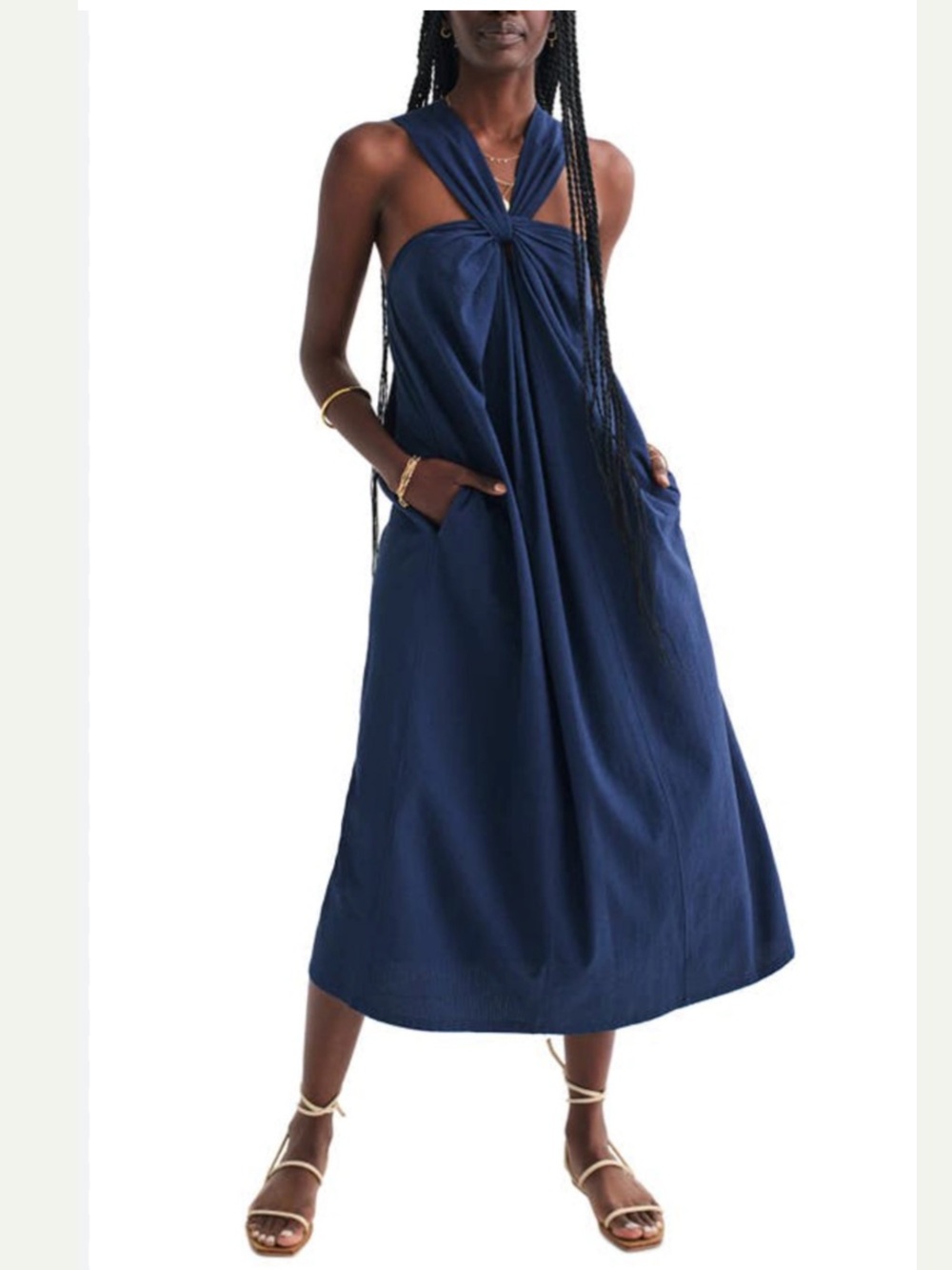 Faherty Navy Blue Halter Seersucker Midi Dress Large